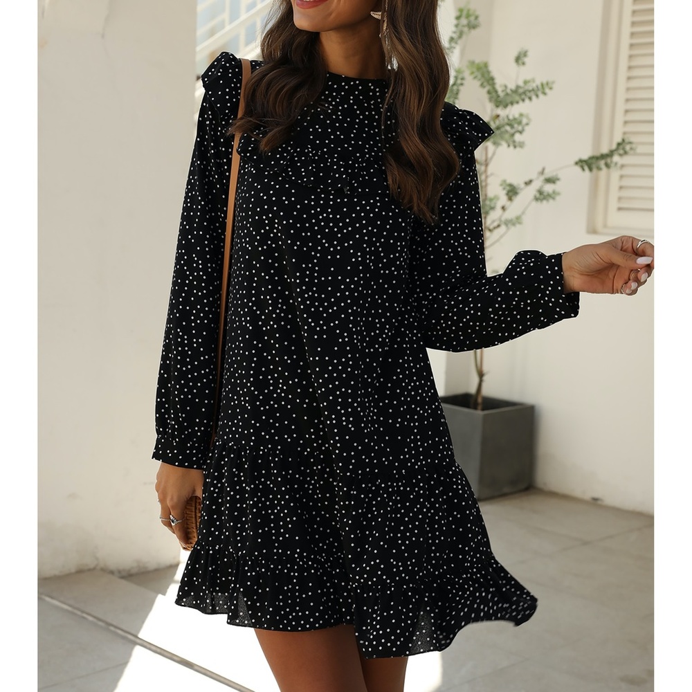 Black Polka Dot Ruffle Hem Shift Dress - Picture 4 of 14